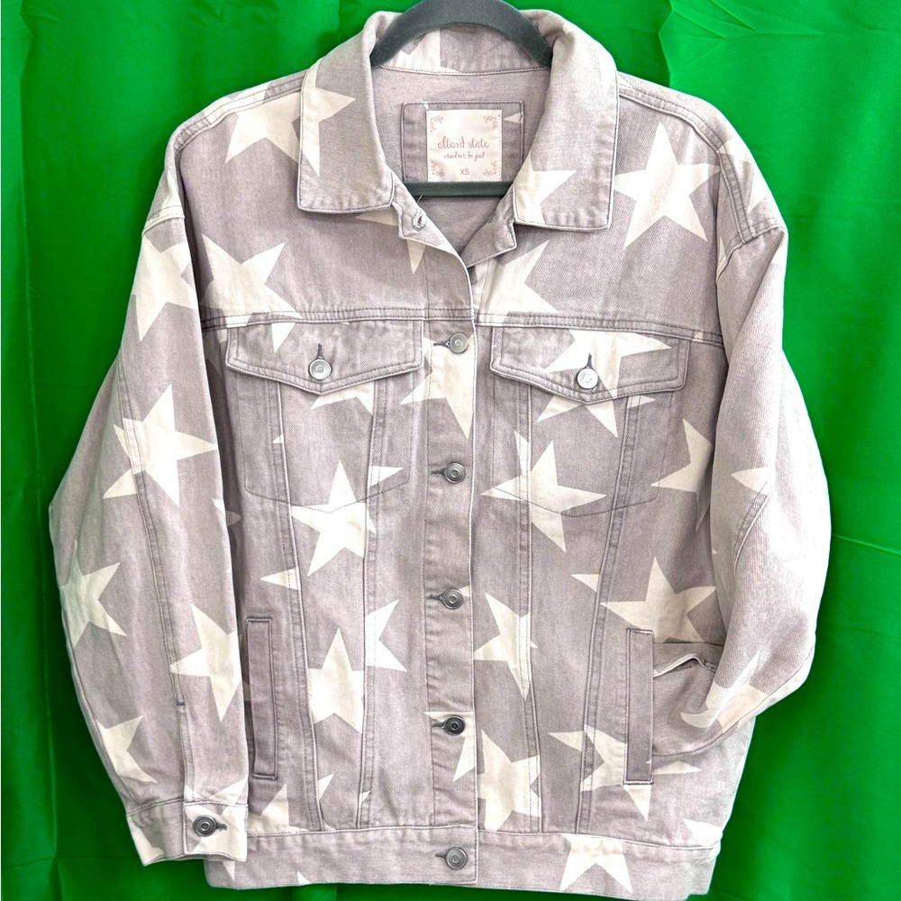 Altar’d state light colored, blue jean jacket with stars